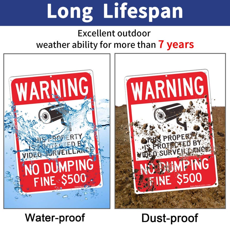 Faittoo Warning No Dumping Fine $500 Sign, This Property Is Protected By Video Surveillance Sign, 14 x 10 Inches .040 Rust-Free Aluminum, UV Protected, Weather Resistant, Durable Ink, Easy to Mount - Image 4
